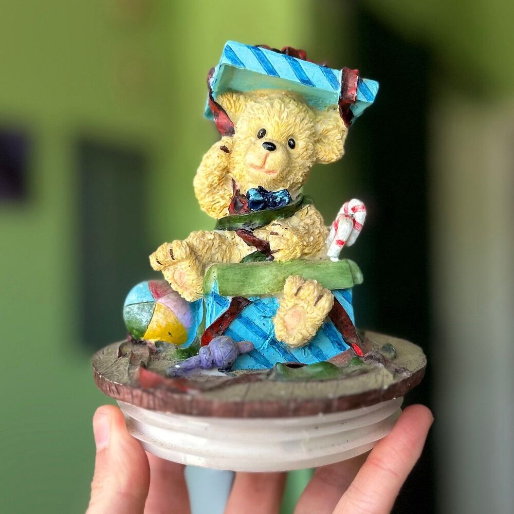 VTG Textured Charming Christmas Teddy In Present Decorative Accent